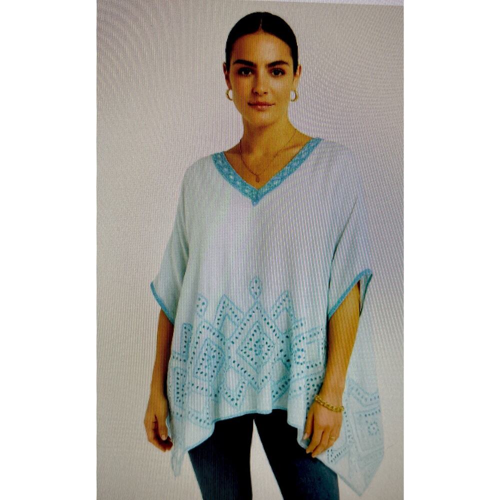 Chico's chicos kaftan top size L XL eyelet embroidered poncho blue ombre boho